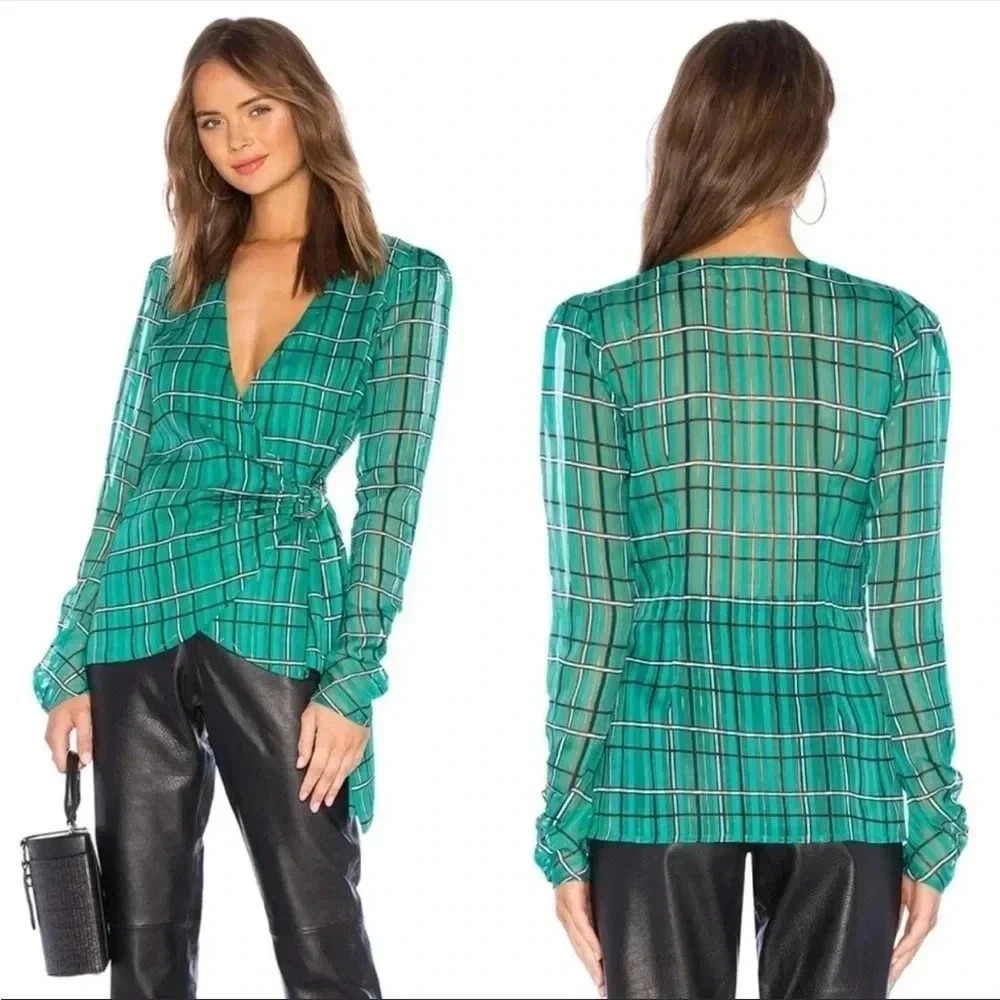House of Harlow 1960 x Revolve Priscilla Green Plaid Wrap Blouse Size Small
